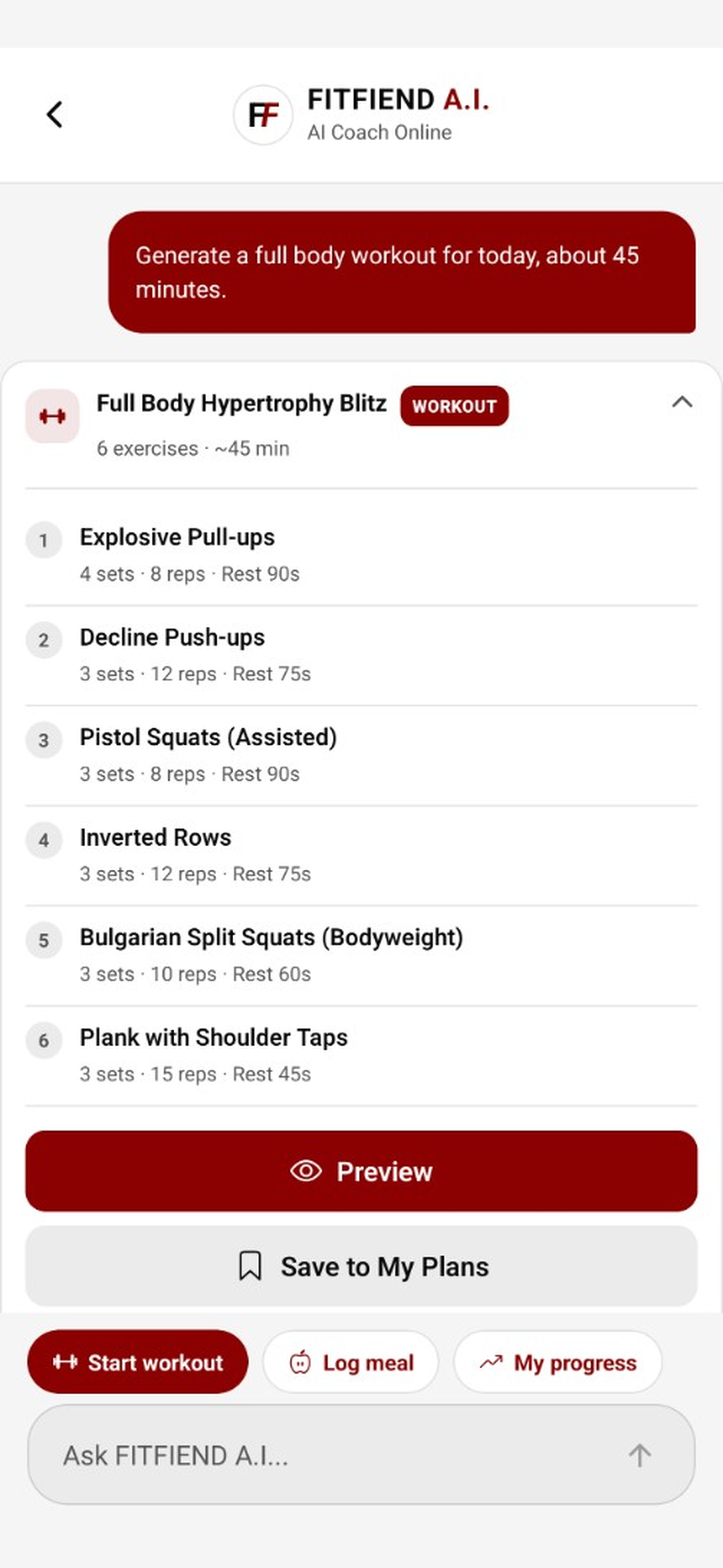 FITFIEND A.I. Coach — personalized workouts, meals, and progress guidance