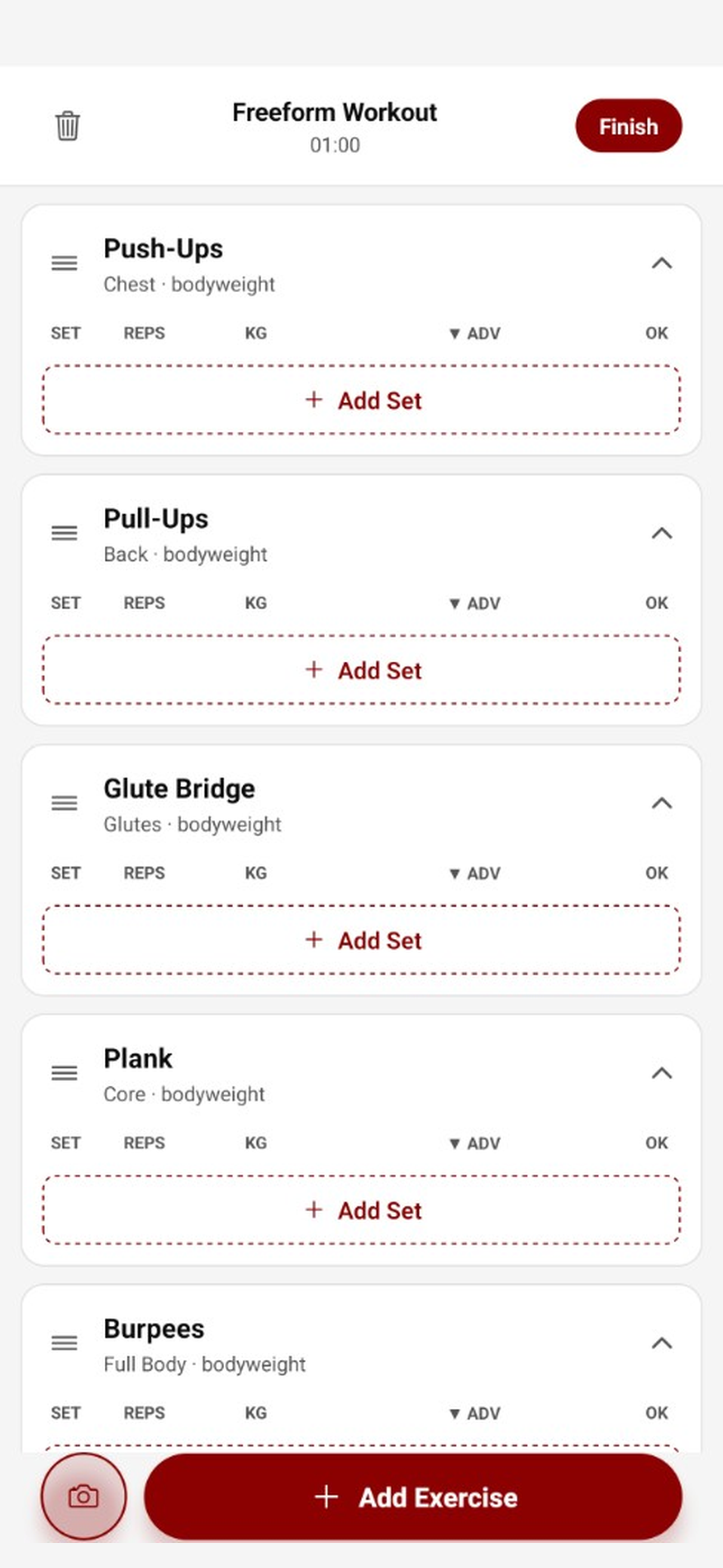 FITFIEND A.I. Active Workout — log sets with equipment-aware programs